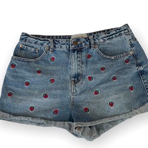 New Look Denim  Embroidered Strawberry Detail Shorts Blue/Red M